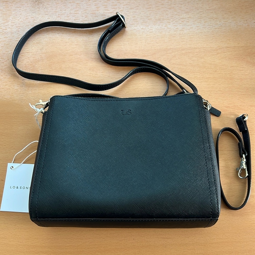 Lo & Sons Pearl Crossbody in Black Saffiano/Gold Hardware/Grey Interior